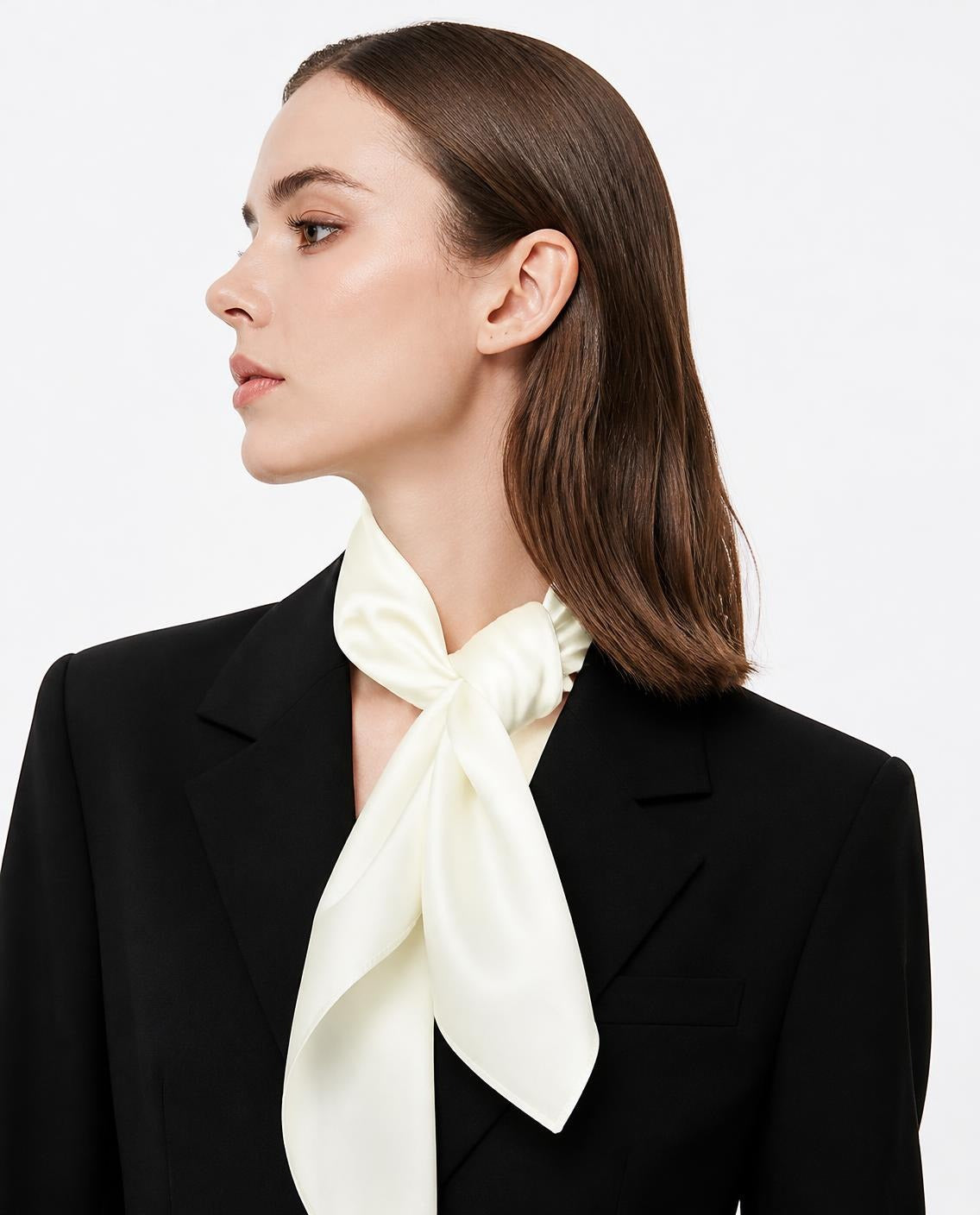 Model wearing the Ivory 100% mulberry silk scarf