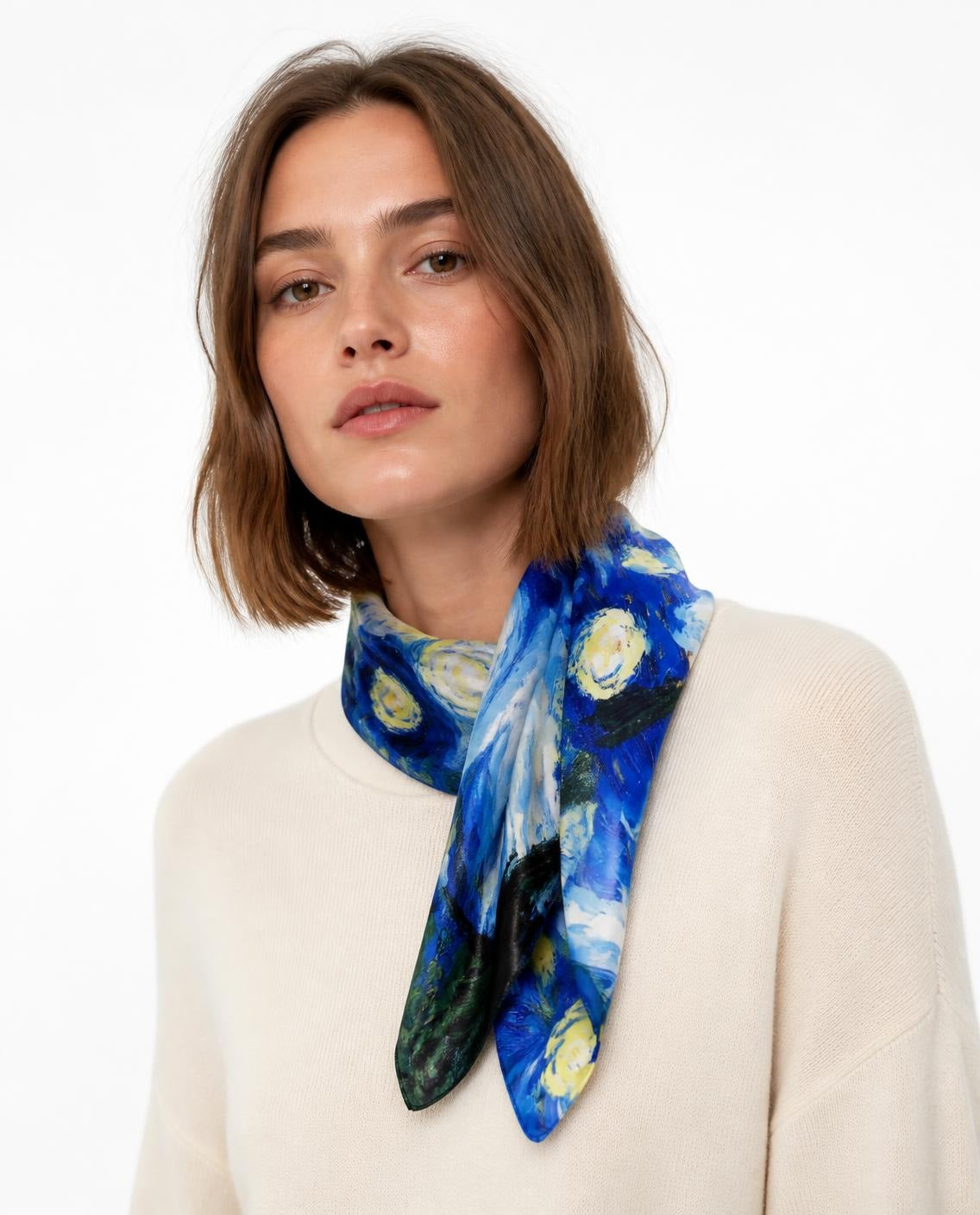 Model wearing the Starry Night silk scarf