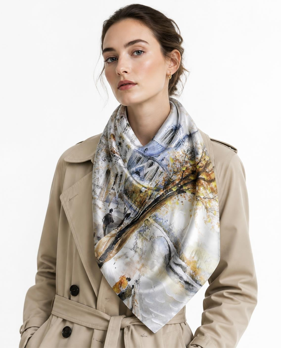 Model wearing the Autumn Street silk scarf