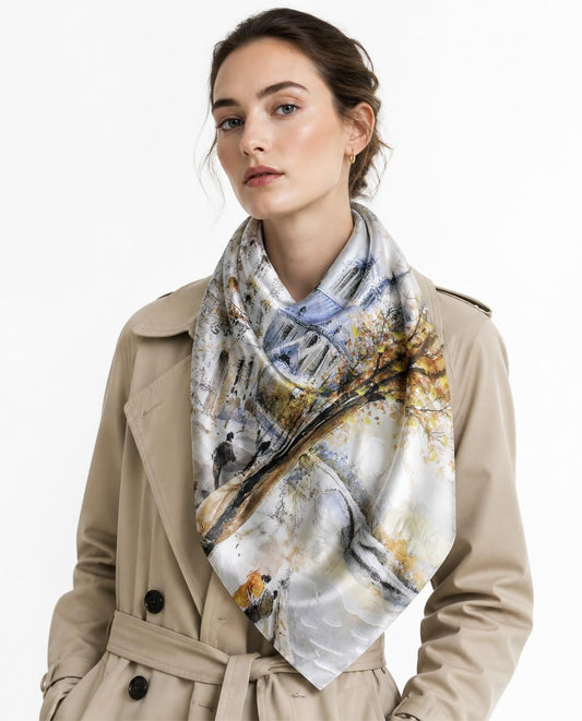 Model wearing the Autumn Street silk scarf