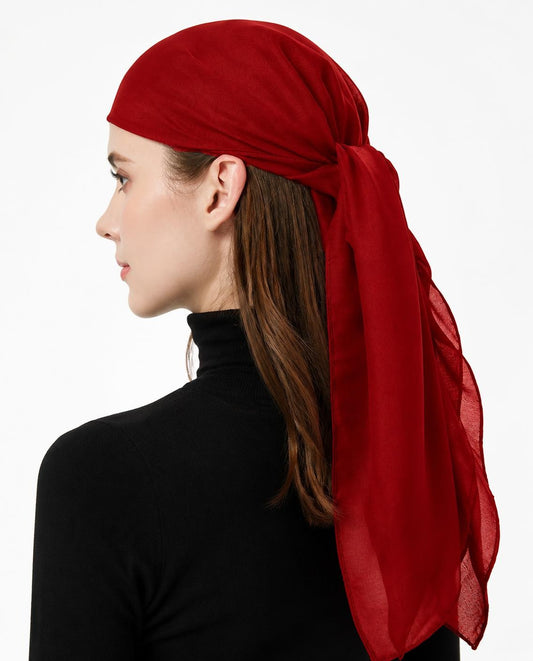 Model wearing the Rouge silk scarf as a head wrap