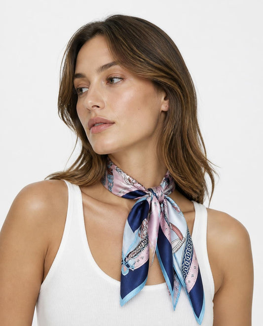 Model wearing the Pink Chains silk scarf