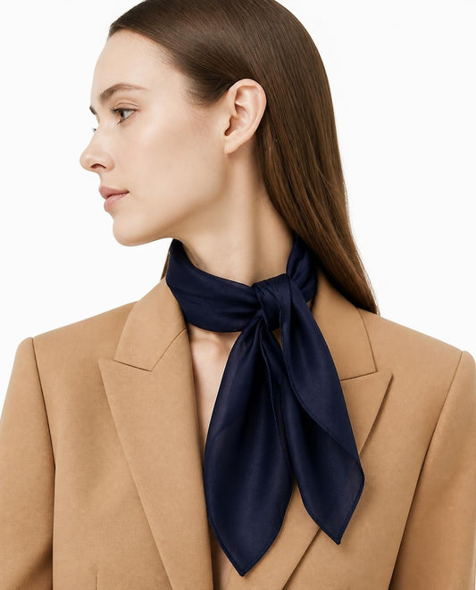 Model wearing the Navy silk scarf