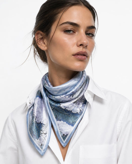 Model wearing the Blue Peony silk scarf