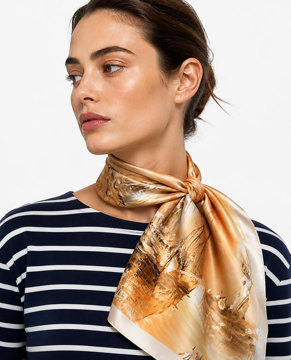 Model wearing the Sail Away silk scarf