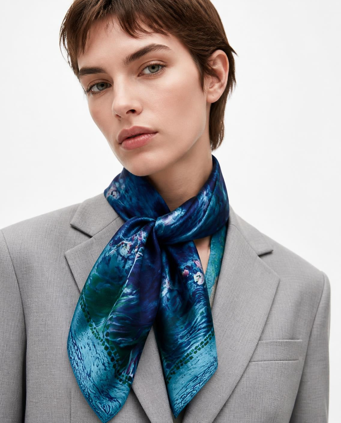 Model wearing the Water Lily silk scarf