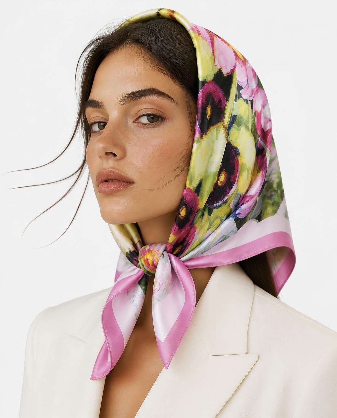 Model wearing the Blooming Garden silk scarf as a headscarf