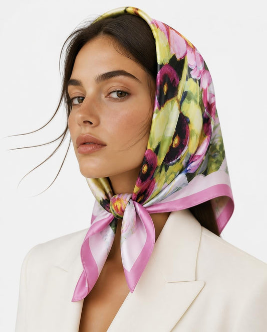 Model wearing the Blooming Garden silk scarf as a headscarf