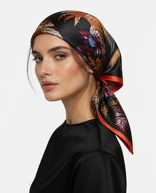 Model wearing the Noir & Rouge silk scarf as a headscarf